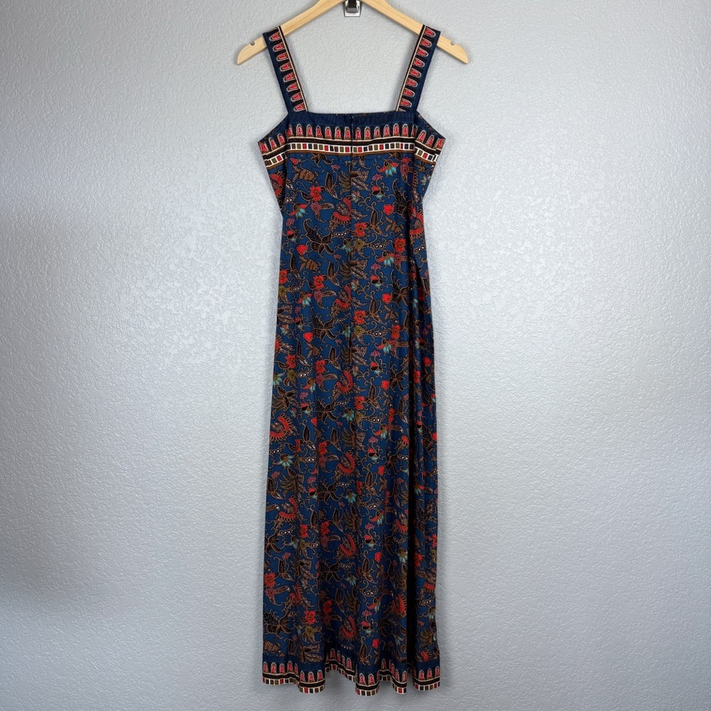 Handmade Floral Print Boho Sleeveless Maxi Dress Navy Blue Orange Brown Indie - Picture 6 of 9